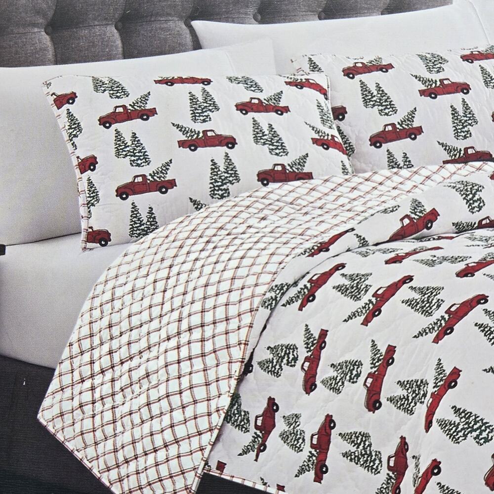 Holiday Christmas Truck Tree Reversible KING Quilt Plaid 3pc NEW FARM COTTAGECOR